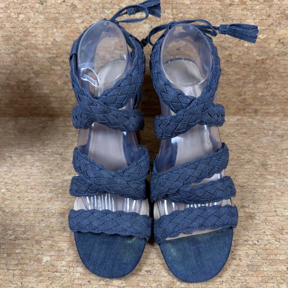 BCBG Generation Denim Braided Lace-Up Block Heel Sandals EU 41 US 11